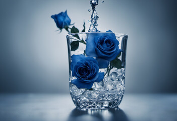 グラスに入った青いバラに水が注がれる瞬間 - obrazy, fototapety, plakaty