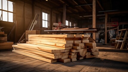 Woodworking Supplies: An industrial scene with natural rough wooden boards and lumber, highlighting the raw materials essential for carpentry and timber production