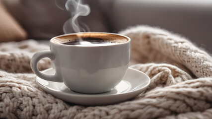 Warm drink on the windowsill in winter time, Winter coffee latte in white cup on windowsill 