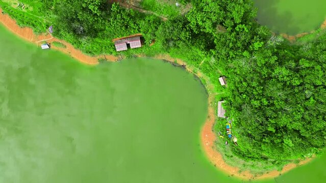 Aerial 4k video of Ulu Kasok Riau tourist attraction, the Raja Ampat wannabe in Riau province, Sumatra island, Indonesia.