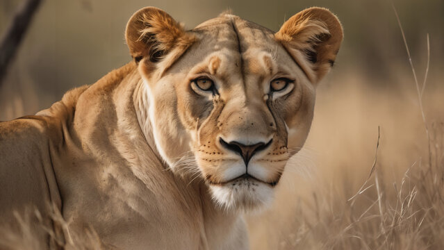 portrait of a lioness , in a savanna , animal photography