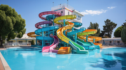Fototapeta na wymiar Deserted Summer Fun: Vibrant Water Park Slides and Pool