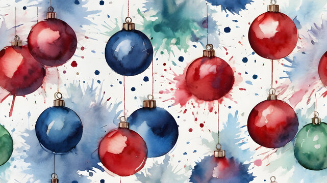 christmas background with balls and fir branches,  Christmas ball watercolour illustration