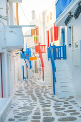 Mykonos, Greece. Wiew of whitewashed cycladic street in beautiful Mykonos town, Cyclades Greek Islands.
