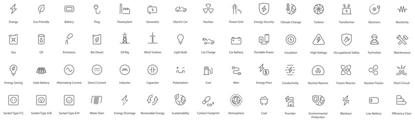 Simple set of energy related line icons. energy costs, burn, eco friendly - obrazy, fototapety, plakaty