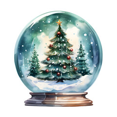 Watercolor Christmas snow globe with a decorated Christmas tree inside