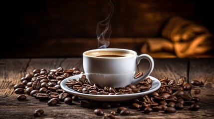 Delicious looking coffee in a cup with coffee beans in rusty wood background
