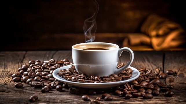 Delicious looking coffee in a cup with coffee beans in rusty wood background © Elvin
