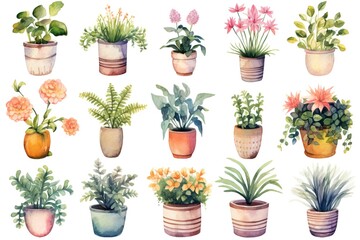 Fototapeta premium Watercolor Houseplants Set Collection.