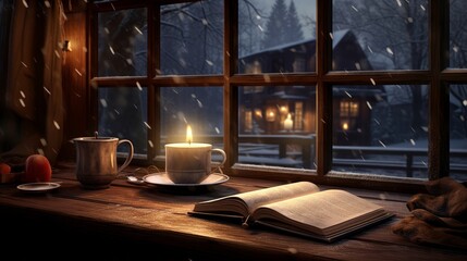 Hot coffee and books at the window, it's snowing outside and it's warm inside.