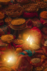 Naklejka premium Lohri Festival with Indian Laughing People Dancing Around Large Bonfire