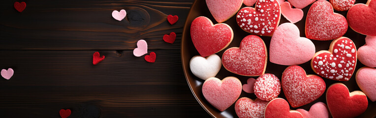 Fototapeta premium Sweet Hearts: Overhead View of Red Valentine's Day Sugar Cookies