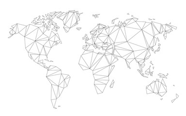 Polygonal world map simplified to triangular lines on transparent background.