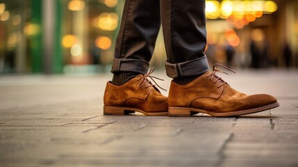 Urban Footwear Fashion: A stylish man puts his leg on the city pavement, highlighting contemporary suede shoes and modern street style