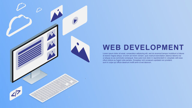 Web development isometric design. Computer with visual screen concept background.