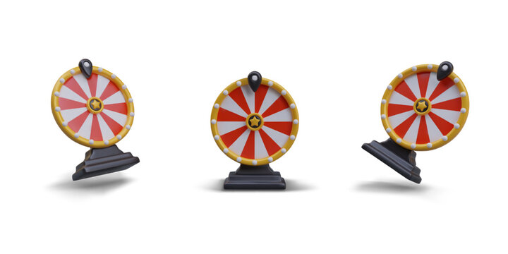 Vector realistic wheel of fortune in different positions. Roulette without marking, mockup. Game spin on stand. Set of isolated illustrations with shadows. Symbol of random choice, draw, lottery