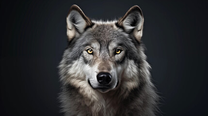Close-up portrait of a wolf isolated on dark background. Minimalistic style. AI generated content.