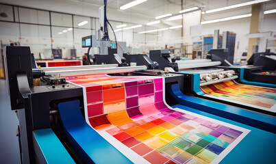 Modern printing press creates colorful documents indoors  - obrazy, fototapety, plakaty