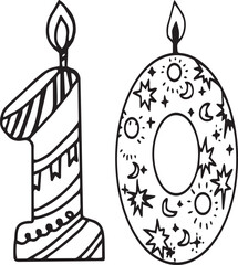 Vector birthday party supplies doodles hand drawn, birthday years, candles for birthdays, funny numbers, holiday decorations, anniversaries, 
