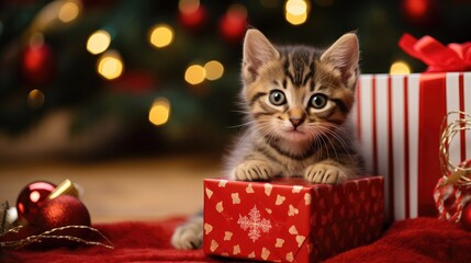 Festive Feline Fun: A cute tabby kitten delights in playing with Christmas decorations inside a gift box