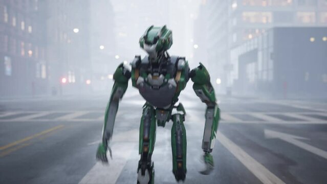 The humanoid AI robot runs along a deserted street in a big city. 3d animation. future concept