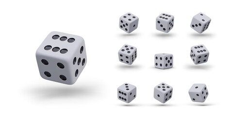 Set of vector realistic gambling dice in different positions. Isolated illustrations with reflections and shadows. Elements for vector combinations. All game faces - obrazy, fototapety, plakaty