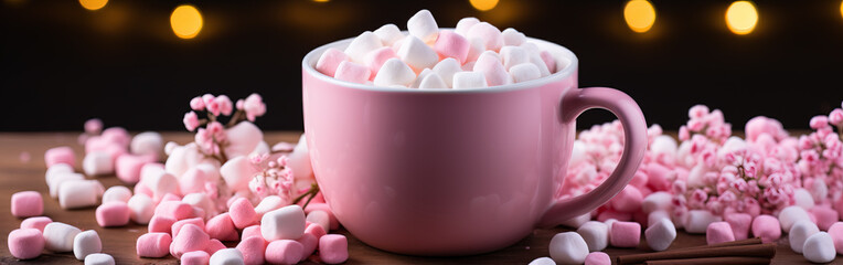 Sweet Indulgence: Overhead Shot of Pink Mug with Hot Cocoa and Marshmallows
