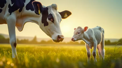 Fotobehang Calf drinking milk from mother. Cow with newborn calf on green grass of meadow. © leo_nik