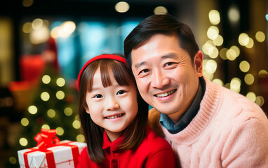 Fototapeta na wymiar Happy asian father and daughter portrait with Christmas tree on the background. Christmas lights. Selective focus. Blurred background.