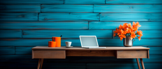 Home office header with desk, blue wall, comfy chair, laptop and copy space.