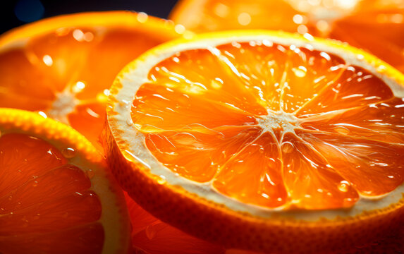High view of fresh slices of oranges with water droplets. Studio shot.
