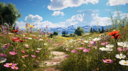 Wildflower Wonderland: Explore a scenic countryside scene with wildflowers and herbs, capturing the natural beauty of a rural field on a sunny summer day