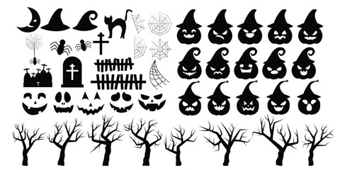 Set of silhouettes of Halloween on a white background. Vector illustration