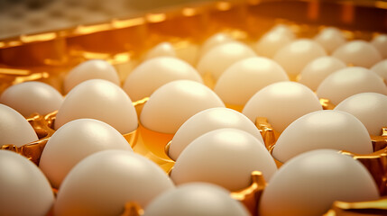 Paper egg tray with white eggs. Chicken white eggs close up.