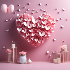 Heartfelt Ascension: Paper Hearts Soaring on a Pink Backdrop