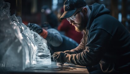 Photo of a Man Carving Ice Sculpture With Precision and Skill