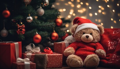 Obraz premium Photo of a Cozy Teddy Bear with a Festive Christmas Tree in the Background