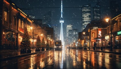 Photo of a Vibrant Urban Nightscape With Glistening Wet Pavement and Soothing Raindrops