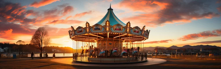 Foto op Plexiglas a swinging carousel fair ride in amusement park at sunset © 22Imagesstudio