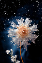 Snow star and ice on a white flower, with space for text