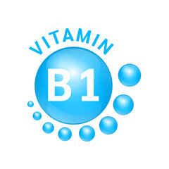 Vitamin B1 blue substance Sign Icon. Realistic design, small circle around. Isolated on white background. Personal care, beauty concept. Medicine health symbol of thiamine. Vector Illustration EPS10.	