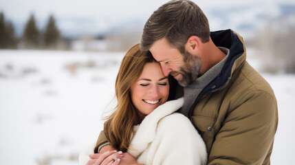 Fototapeta premium Happy couple hugging each other and having fun outdoors in winter park