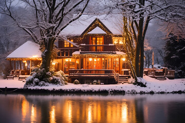 A cozy wooden cottage near a lake in a winter forest, decorated for Christmas - obrazy, fototapety, plakaty