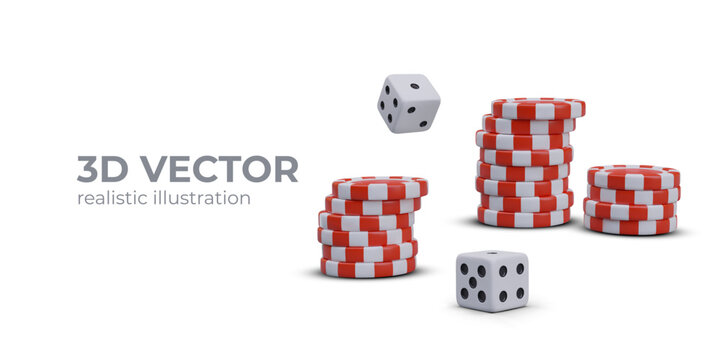Poster with collection of red chips and game cubes. Casino concept on white background. Poker casino collection. Gambling poker website. Vector illustration in 3D style