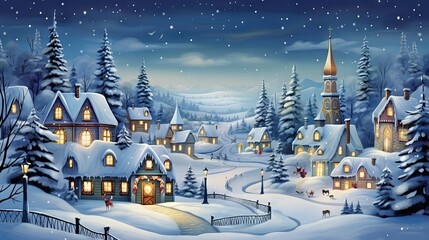 Snowy landscape with pine trees and festive decorations in a cozy village during Christmas season