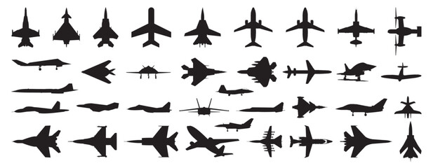 silhouette of Passenger and Fighter Aircraft Airplanes in outlines - compendium vector illustrations editable best art design for logo icon multipurpose use in high definition format - obrazy, fototapety, plakaty