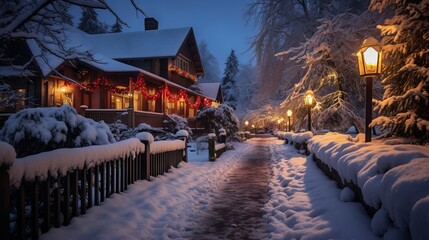 Snowy landscape with pine trees and festive decorations in a cozy village during Christmas season