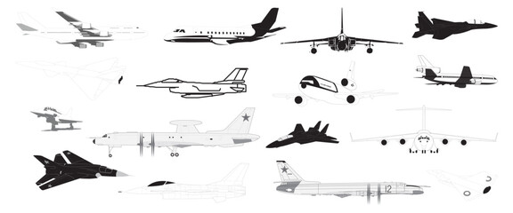 Passenger and Fighter Aircraft Airplanes in outlines - compendium vector illustrations editable best art design for multipurpose use in high definition format