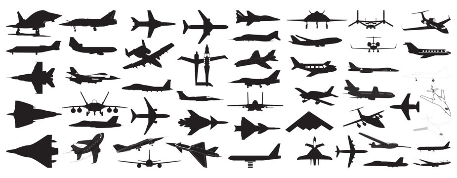 silhouette of Passenger and Fighter Aircraft Airplanes in outlines - compendium vector illustrations editable best art design for logo icon multipurpose use in high definition format