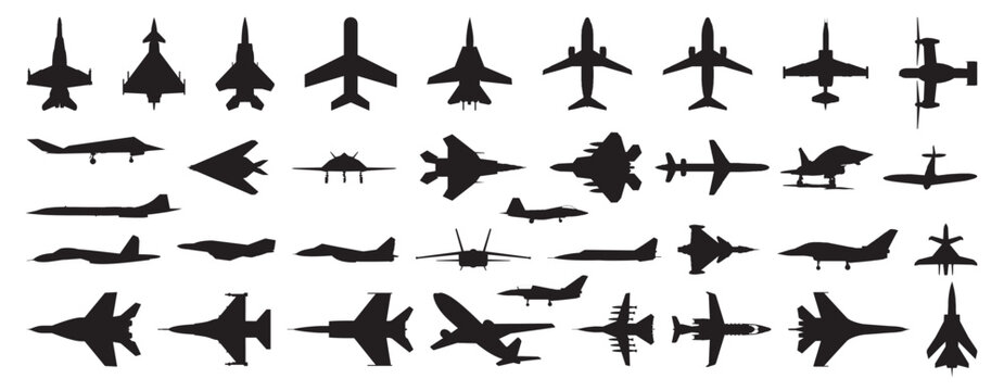 silhouette of Passenger and Fighter Aircraft Airplanes in outlines - compendium vector illustrations editable best art design for logo icon multipurpose use in high definition format